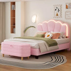 Ensemble de chambre 2 pièces : lit plateforme rembourré en forme de fleur avec éclairage LED et pouf de rangement en tissu sherpa (taille standard).