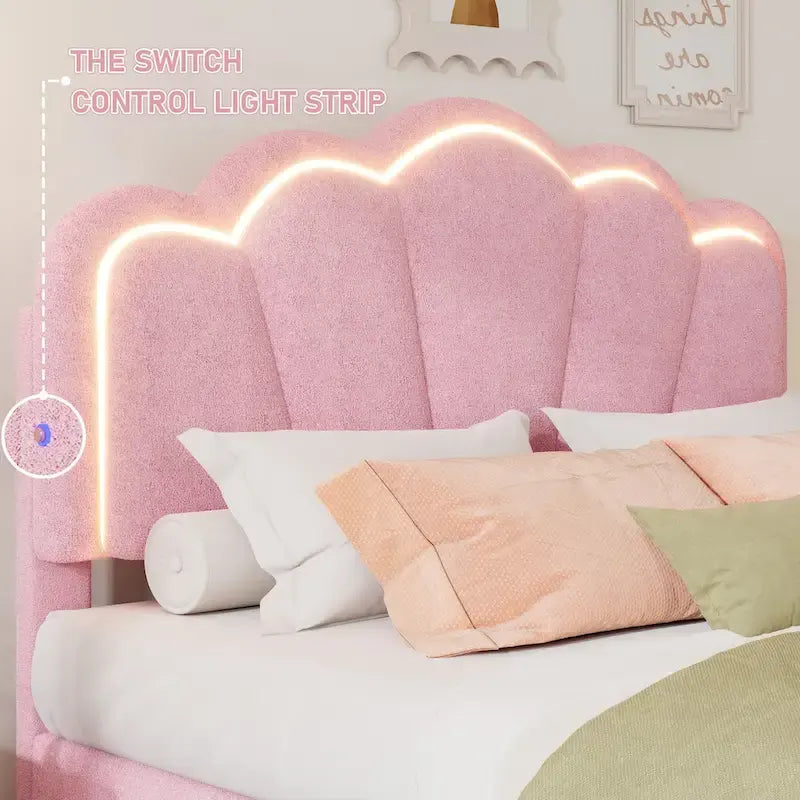 Ensemble de chambre 2 pièces : lit plateforme rembourré en forme de fleur avec éclairage LED et pouf de rangement en tissu sherpa (taille standard).