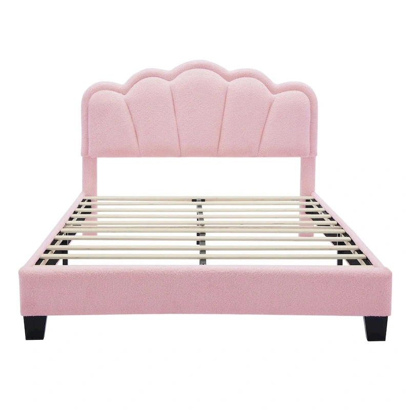 Ensemble de chambre 2 pièces : lit plateforme rembourré en forme de fleur avec éclairage LED et pouf de rangement en tissu sherpa (taille standard).