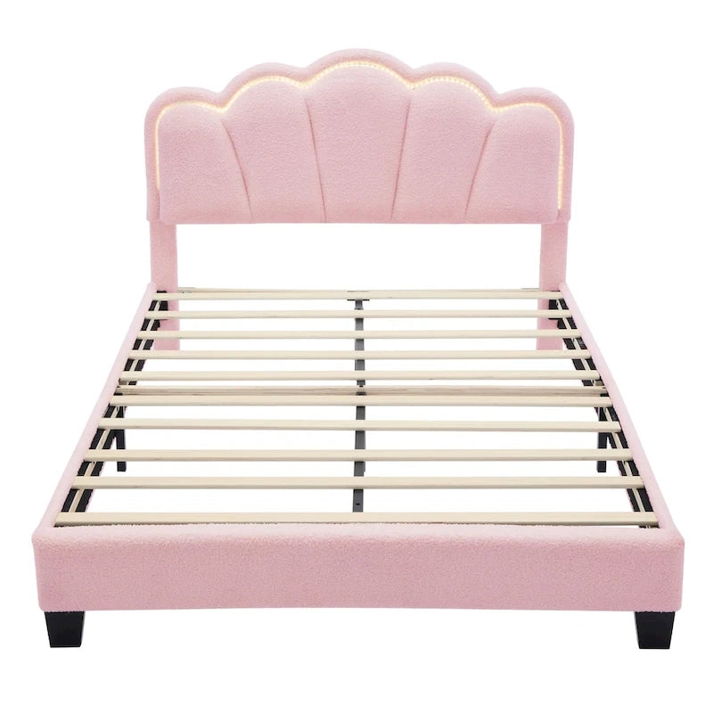 Ensemble de chambre 2 pièces : lit plateforme rembourré en forme de fleur avec éclairage LED et pouf de rangement en tissu sherpa (taille standard).