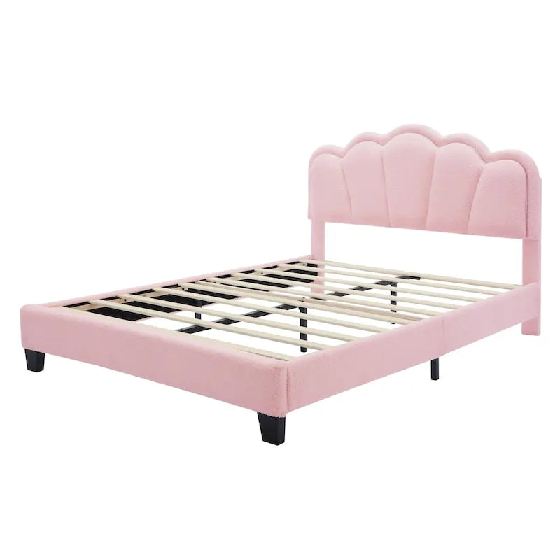 Ensemble de chambre 2 pièces : lit plateforme rembourré en forme de fleur avec éclairage LED et pouf de rangement en tissu sherpa (taille standard).