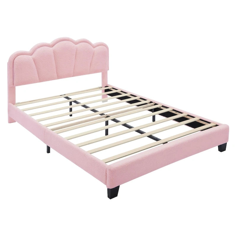 Ensemble de chambre 2 pièces : lit plateforme rembourré en forme de fleur avec éclairage LED et pouf de rangement en tissu sherpa (taille standard).
