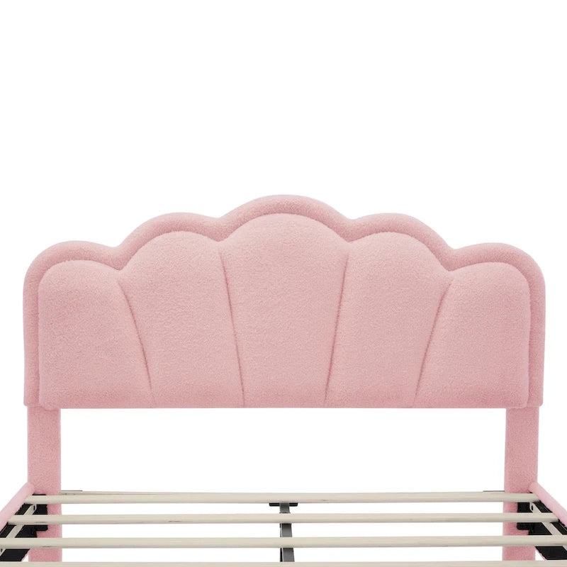 Ensemble de chambre 2 pièces : lit plateforme rembourré en forme de fleur avec éclairage LED et pouf de rangement en tissu sherpa (taille standard).