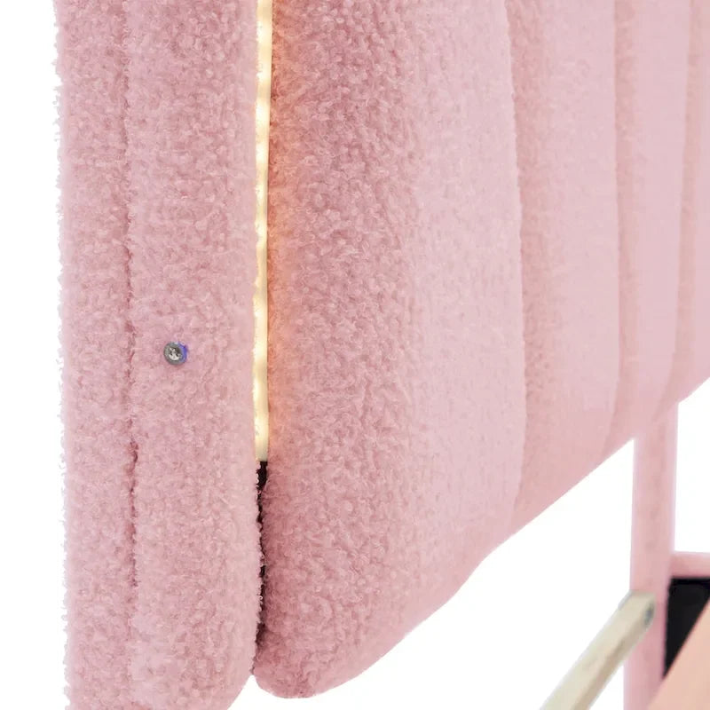Ensemble de chambre 2 pièces : lit plateforme rembourré en forme de fleur avec éclairage LED et pouf de rangement en tissu sherpa (taille standard).
