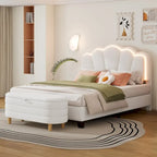 Ensemble de chambre 2 pièces : lit plateforme rembourré en forme de fleur avec éclairage LED et pouf de rangement en tissu sherpa (taille standard).
