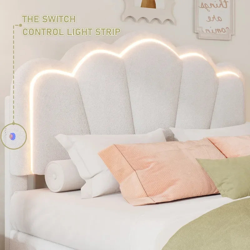 Ensemble de chambre 2 pièces : lit plateforme rembourré en forme de fleur avec éclairage LED et pouf de rangement en tissu sherpa (taille standard).