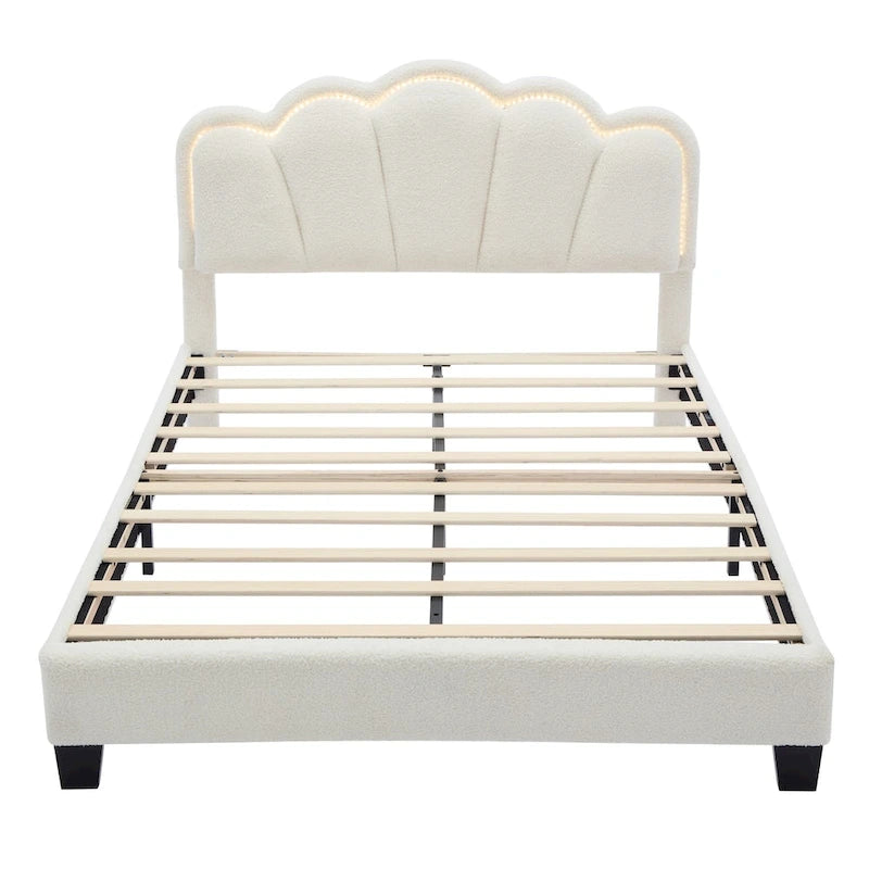 Ensemble de chambre 2 pièces : lit plateforme rembourré en forme de fleur avec éclairage LED et pouf de rangement en tissu sherpa (taille standard).
