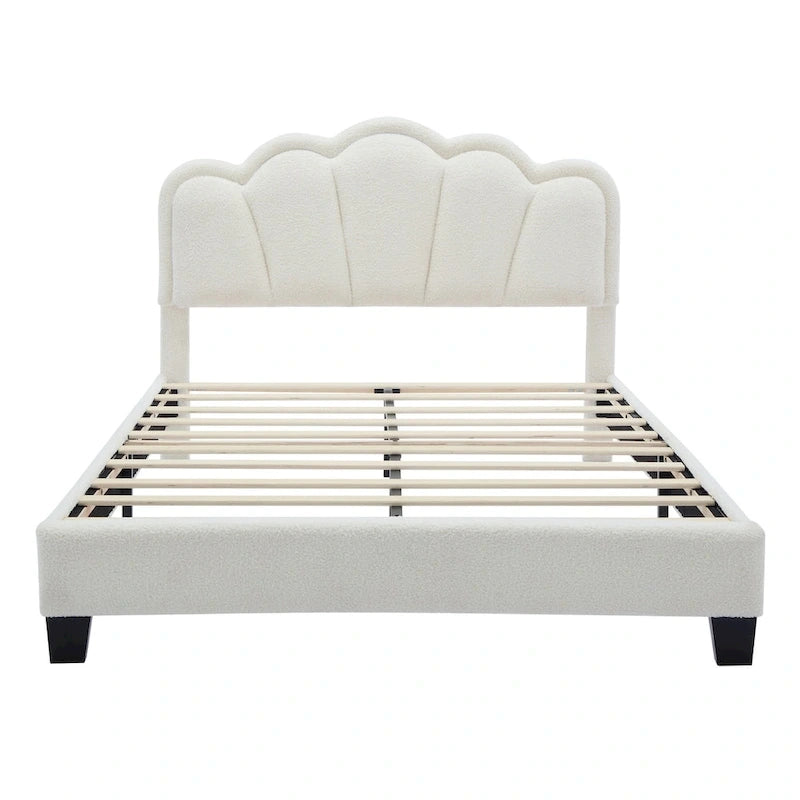 Ensemble de chambre 2 pièces : lit plateforme rembourré en forme de fleur avec éclairage LED et pouf de rangement en tissu sherpa (taille standard).