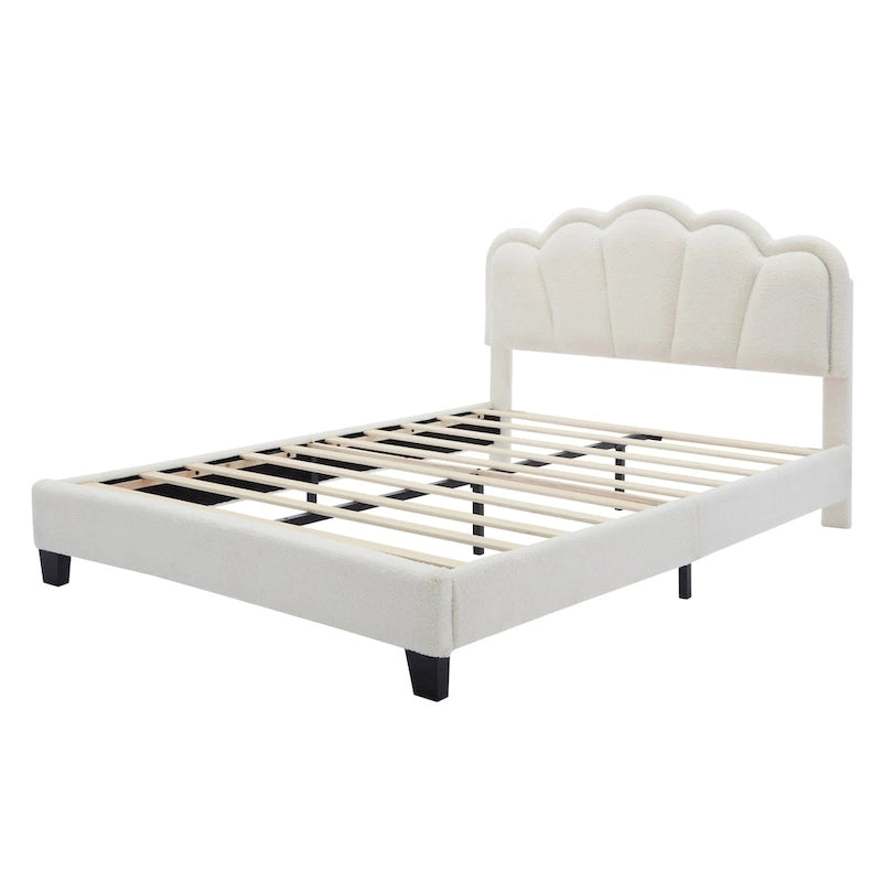 Ensemble de chambre 2 pièces : lit plateforme rembourré en forme de fleur avec éclairage LED et pouf de rangement en tissu sherpa (taille standard).