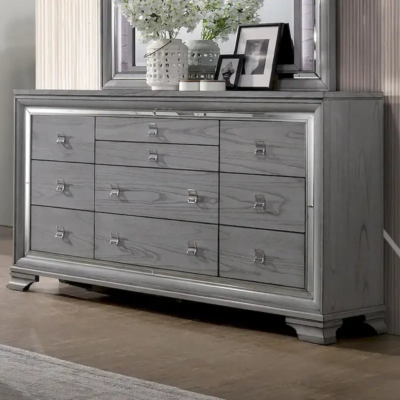 Ensemble de lit, table de chevet et commode 3 pièces gris contemporain Taia de Furniture of America avec éclairage LED