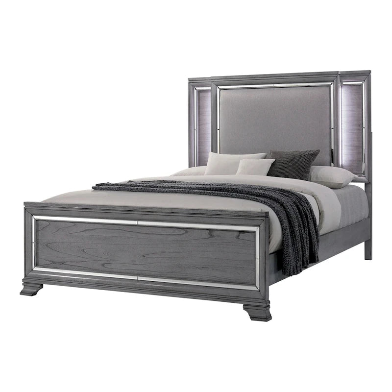 Ensemble de lit, table de chevet et commode 3 pièces gris contemporain Taia de Furniture of America avec éclairage LED