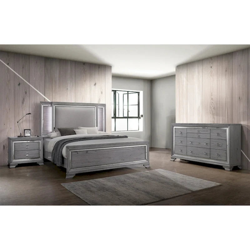 Ensemble de lit, table de chevet et commode 3 pièces gris contemporain Taia de Furniture of America avec éclairage LED
