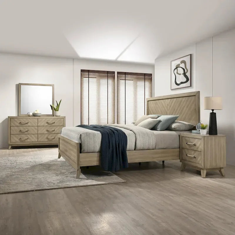 Ensemble de chambre à coucher contemporain en bois Roundhill Furniture Arena : lit à panneaux, commode, miroir, 2 tables de chevet, chiffonnier gris antique