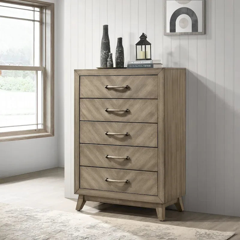 Ensemble de chambre à coucher contemporain en bois Roundhill Furniture Arena : lit à panneaux, commode, miroir, 2 tables de chevet, chiffonnier gris antique