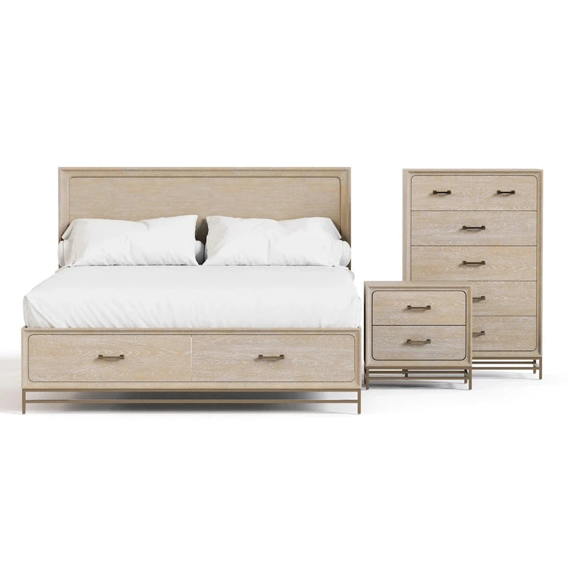Ensemble de chambre à coucher 3 pièces en chêne massif Drayden de Furniture of America, comprenant un lit, une commode et une table de chevet.