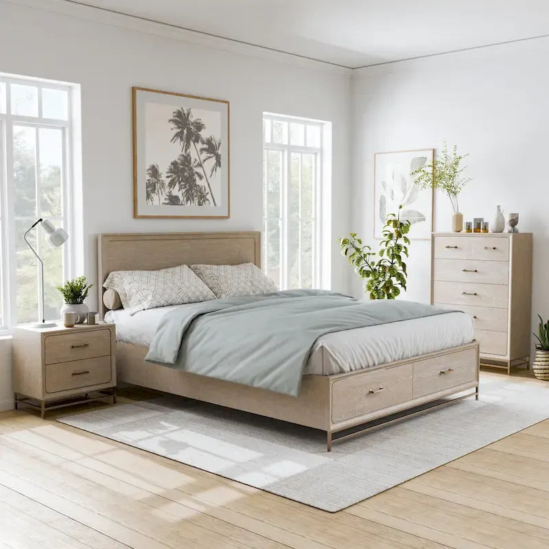 Ensemble de chambre à coucher 3 pièces en chêne massif Drayden de Furniture of America, comprenant un lit, une commode et une table de chevet.