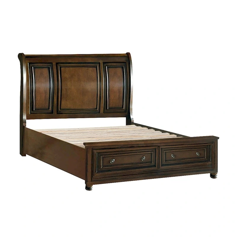 Ensemble de chambre à coucher 3 pièces finition cerisier brun : lit plateforme avec rangement, commode et table de chevet