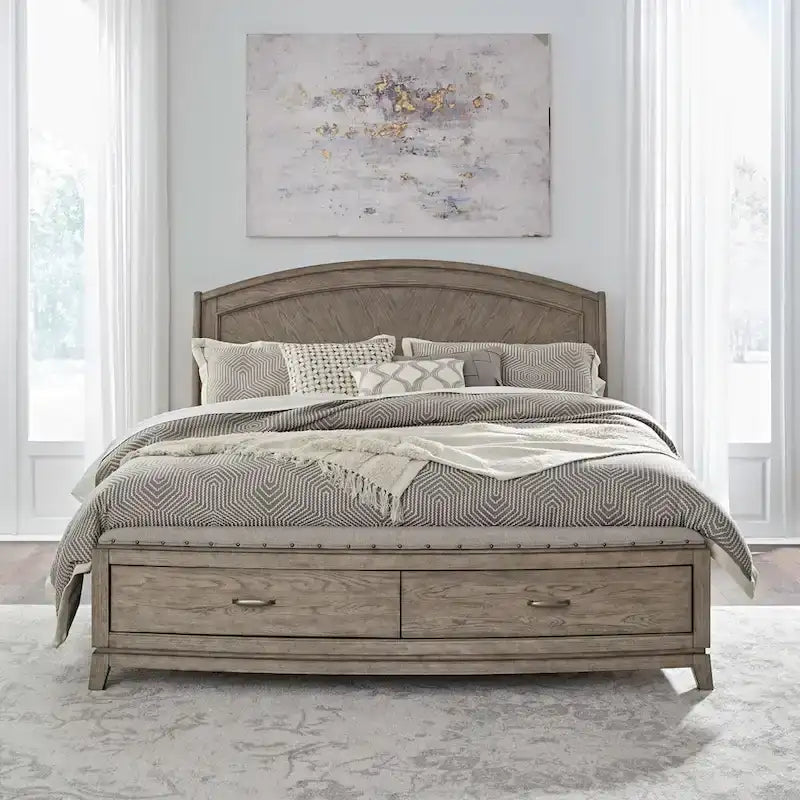 Ensemble de chambre à coucher Avalon en chêne beige bruni avec lit à panneaux et rangement pour lit king size