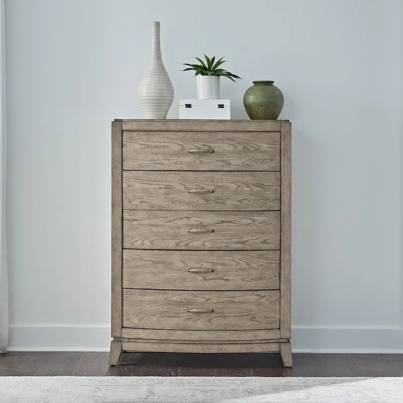 Ensemble de chambre à coucher Avalon en chêne beige bruni avec lit à panneaux et rangement pour lit king size
