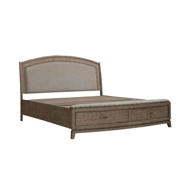 Ensemble de chambre à coucher Avalon en chêne beige bruni avec lit de rangement capitonné, commode, miroir et coffre - King, Queen