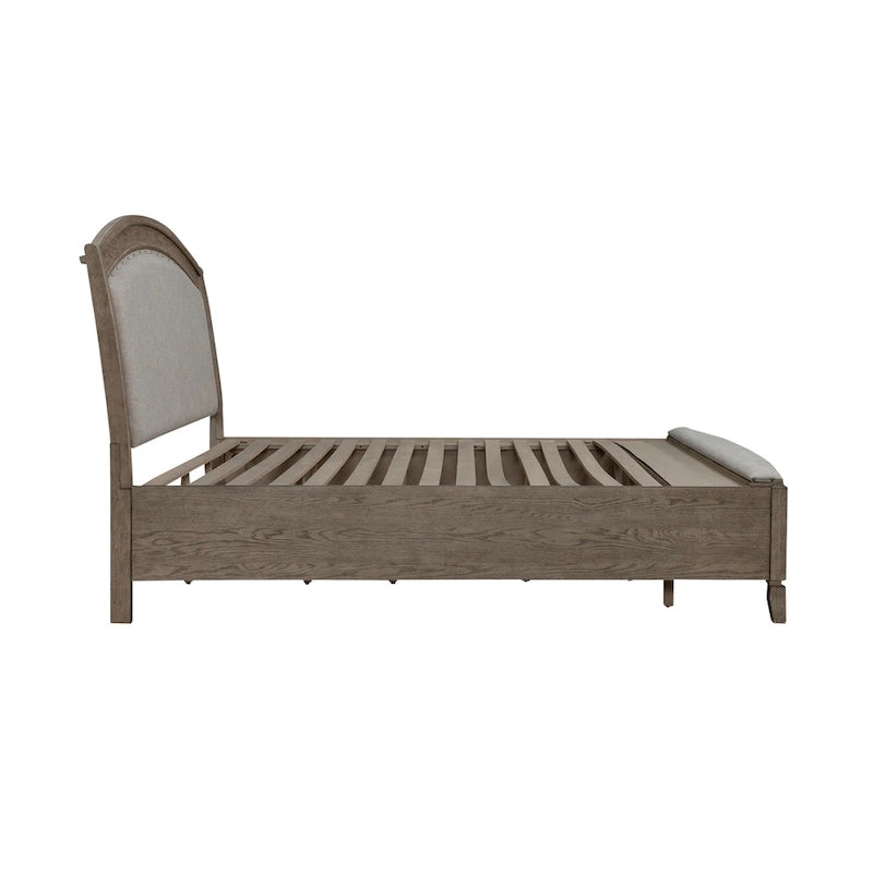 Ensemble de chambre à coucher Avalon en chêne beige bruni avec lit de rangement capitonné, commode, miroir et coffre - King, Queen
