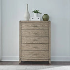 Ensemble de chambre à coucher Avalon en chêne beige bruni avec lit de rangement capitonné, commode, miroir et coffre - King, Queen