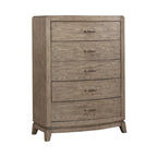 Ensemble de chambre à coucher Avalon en chêne beige bruni avec lit de rangement capitonné, commode, miroir et coffre - King, Queen