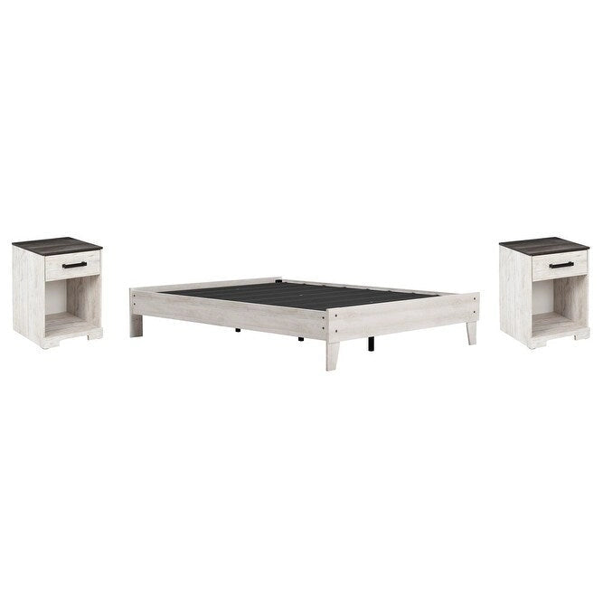 Lit plateforme blanchi Signature Design by Ashley Shawburn avec 2 tables de chevet