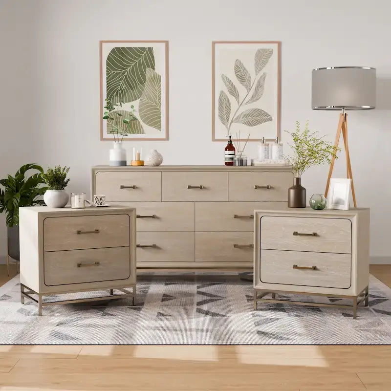Ensemble de chambre à coucher Furniture of America Drayden Transitional en chêne massif, comprenant une commode 3 pièces et 2 tables de chevet.