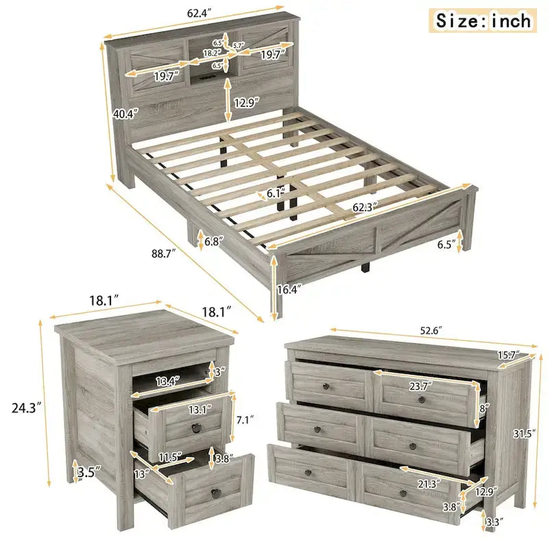 Ensemble de chambre à coucher 3 pièces comprenant un lit plateforme queen avec table de chevet et commode de rangement