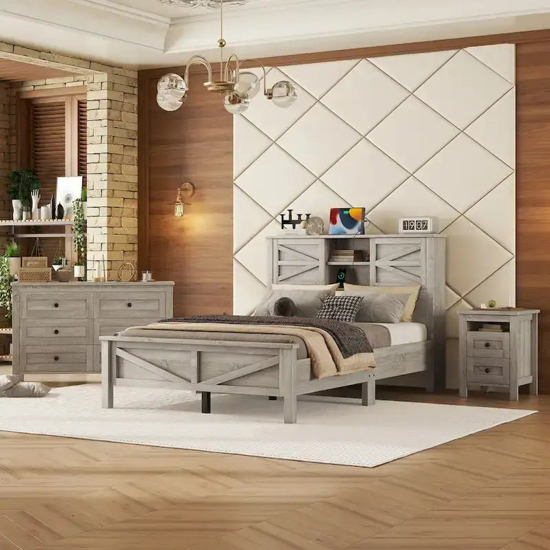Ensemble de chambre à coucher 3 pièces comprenant un lit plateforme queen avec table de chevet et commode de rangement