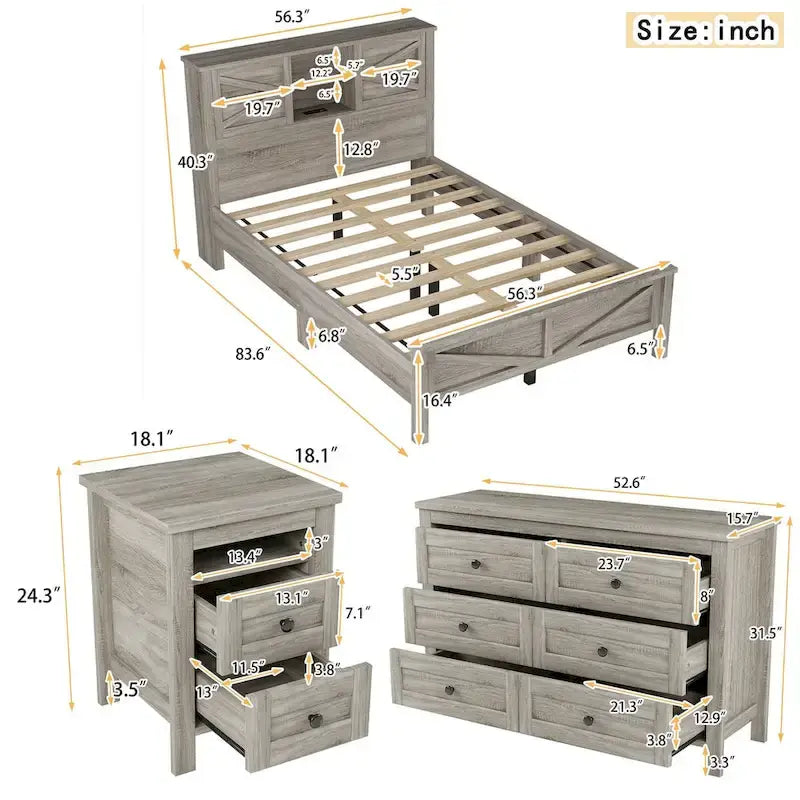 Ensemble de chambre à coucher 3 pièces comprenant un lit plateforme queen avec table de chevet et commode de rangement