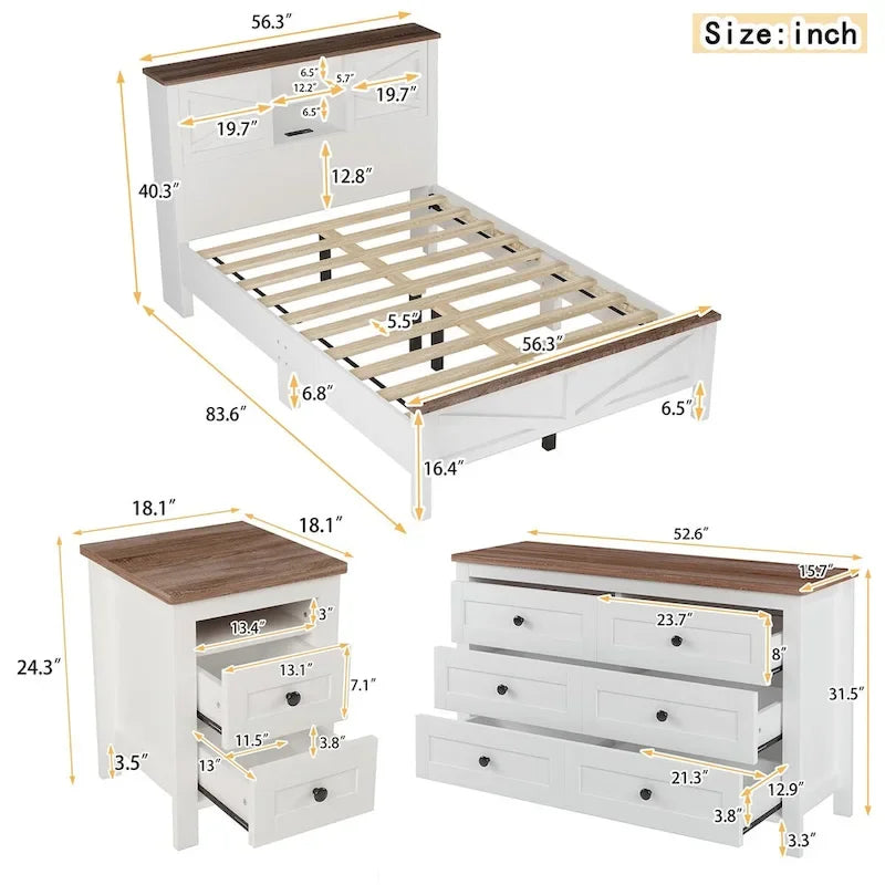 Ensemble de chambre à coucher 3 pièces comprenant un lit plateforme queen avec table de chevet et commode de rangement