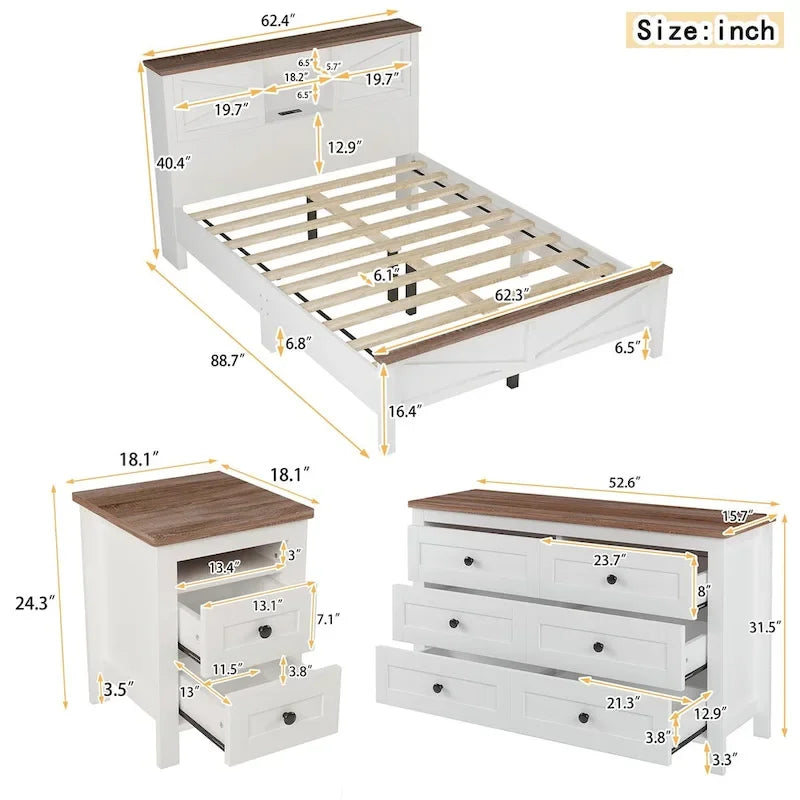 Ensemble de chambre à coucher 3 pièces comprenant un lit plateforme queen avec table de chevet et commode de rangement
