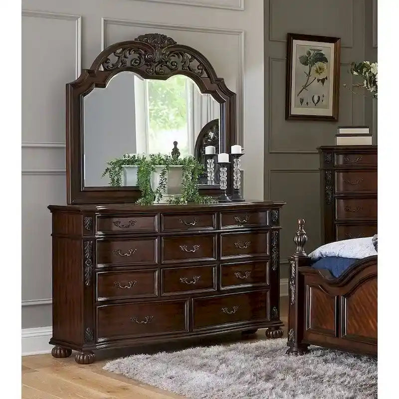 Chambre à coucher traditionnelle formelle, ensemble 5 pièces, finition cerisier