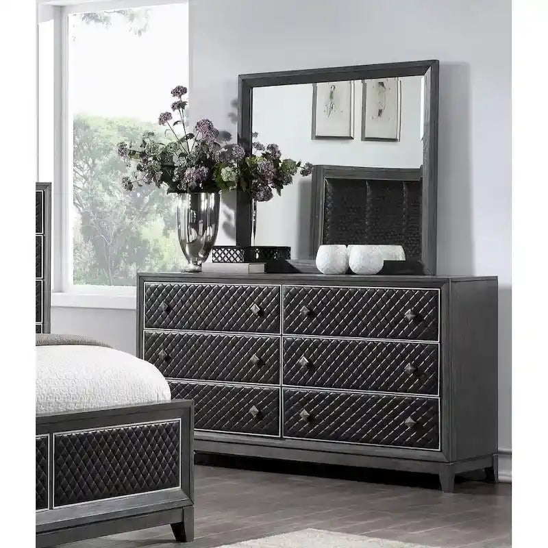 Ensemble de chambre moderne gris 6 pièces comprenant lit, tables de chevet, commode, miroir et chiffonnier.