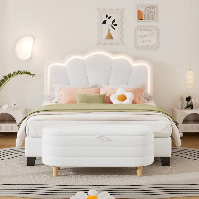 Ensemble de chambre 2 pièces pour lit double/simple : lit plateforme rembourré en forme de fleur avec éclairage LED et pouf de rangement en tissu sherpa
