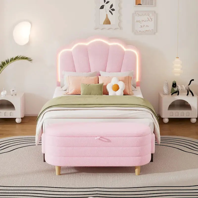 Set camera da letto 2 pezzi letto a piattaforma imbottito a forma di fiore con LED, full/twin size, con pouf contenitore - tessuto Sherpa