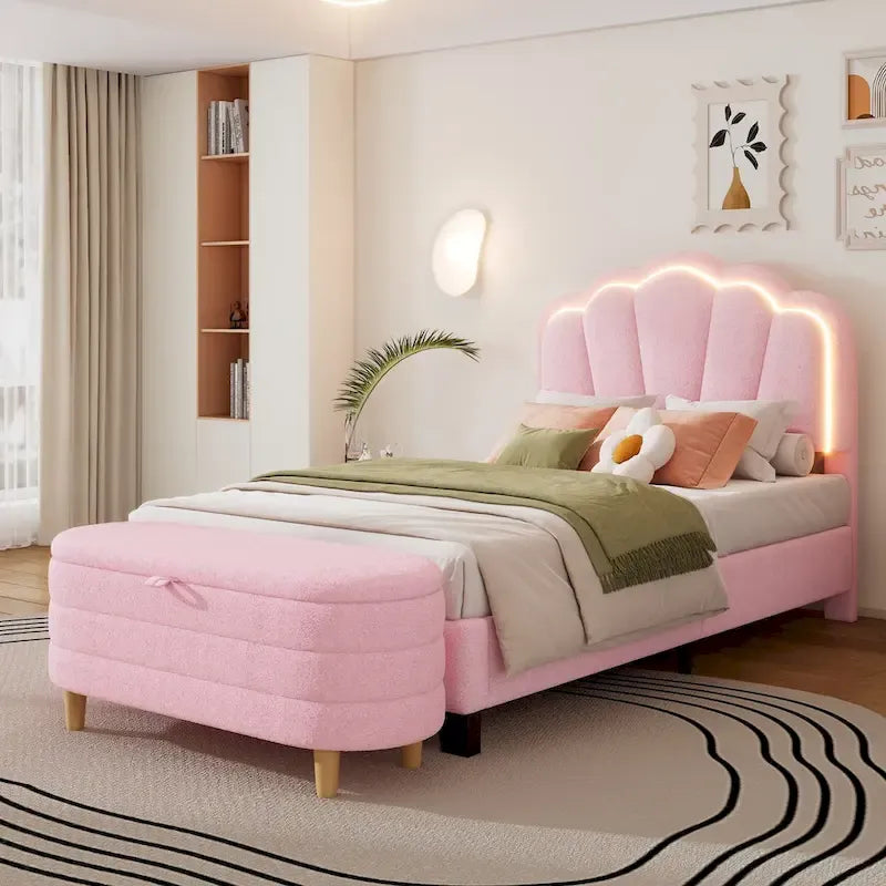 Ensemble de chambre 2 pièces pour lit double/simple : lit plateforme rembourré en forme de fleur avec éclairage LED et pouf de rangement en tissu sherpa