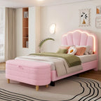 Ensemble de chambre 2 pièces pour lit double/simple : lit plateforme rembourré en forme de fleur avec éclairage LED et pouf de rangement en tissu sherpa