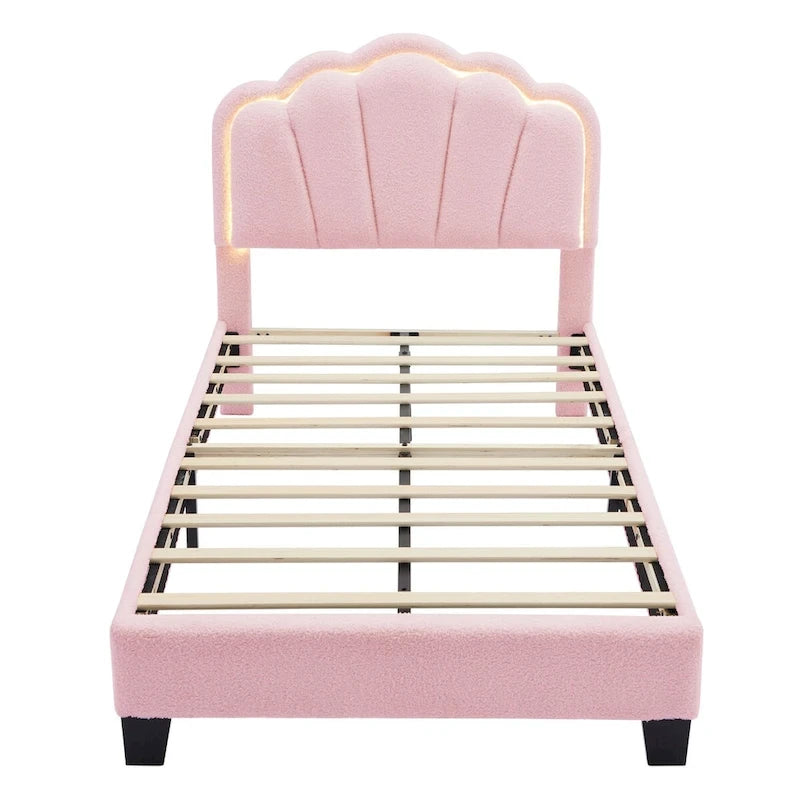 Ensemble de chambre 2 pièces pour lit double/simple : lit plateforme rembourré en forme de fleur avec éclairage LED et pouf de rangement en tissu sherpa