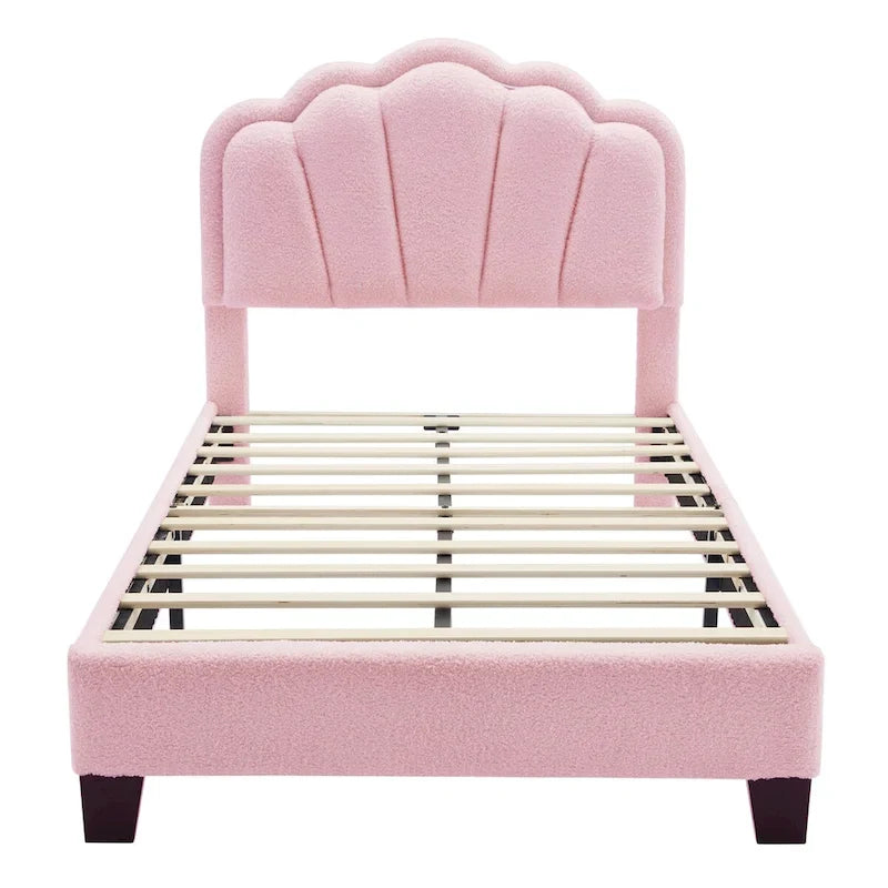 Ensemble de chambre 2 pièces pour lit double/simple : lit plateforme rembourré en forme de fleur avec éclairage LED et pouf de rangement en tissu sherpa