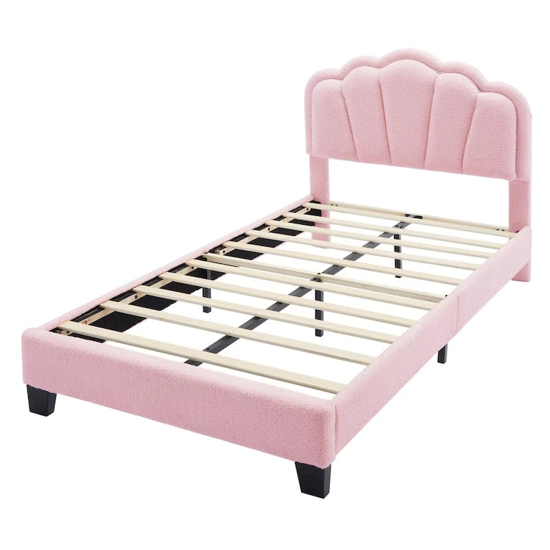 Ensemble de chambre 2 pièces pour lit double/simple : lit plateforme rembourré en forme de fleur avec éclairage LED et pouf de rangement en tissu sherpa