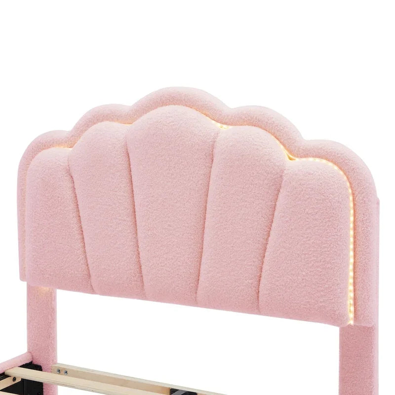 Ensemble de chambre 2 pièces pour lit double/simple : lit plateforme rembourré en forme de fleur avec éclairage LED et pouf de rangement en tissu sherpa