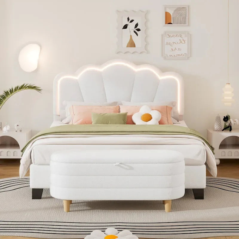Ensemble de chambre 2 pièces pour lit double/simple : lit plateforme rembourré en forme de fleur avec éclairage LED et pouf de rangement en tissu sherpa
