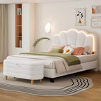 Ensemble de chambre 2 pièces pour lit double/simple : lit plateforme rembourré en forme de fleur avec éclairage LED et pouf de rangement en tissu sherpa