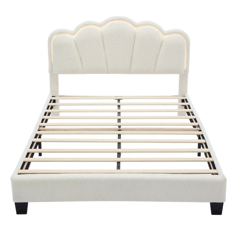 Ensemble de chambre 2 pièces pour lit double/simple : lit plateforme rembourré en forme de fleur avec éclairage LED et pouf de rangement en tissu sherpa