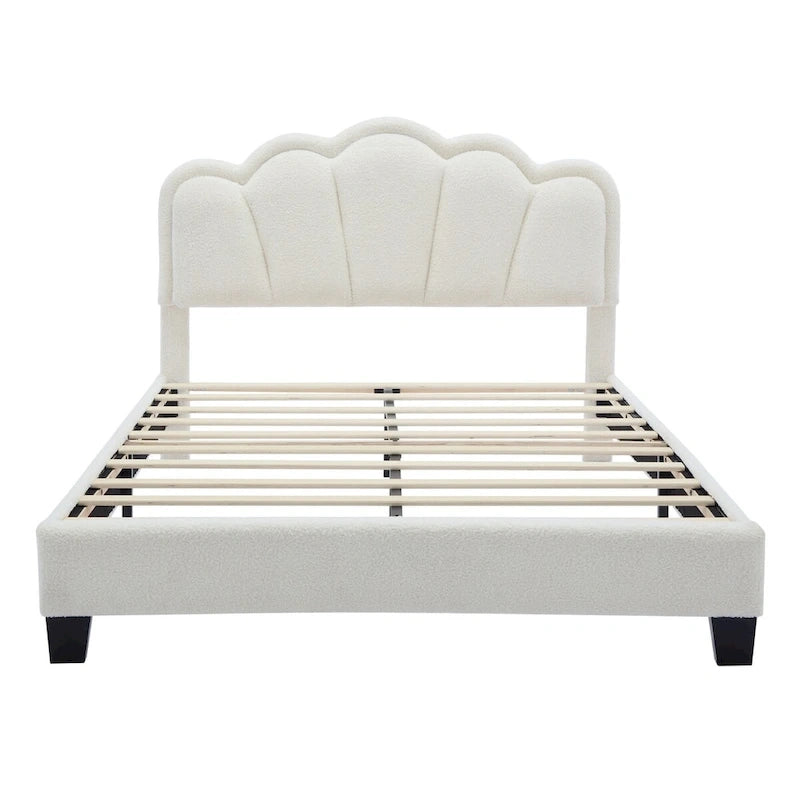 Ensemble de chambre 2 pièces pour lit double/simple : lit plateforme rembourré en forme de fleur avec éclairage LED et pouf de rangement en tissu sherpa