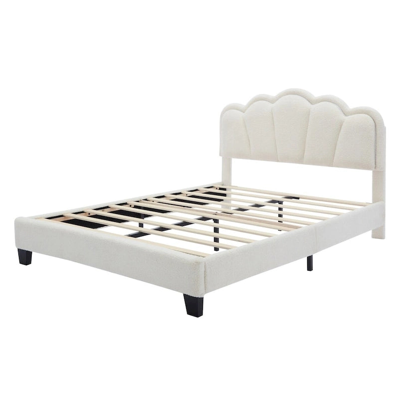 Ensemble de chambre 2 pièces pour lit double/simple : lit plateforme rembourré en forme de fleur avec éclairage LED et pouf de rangement en tissu sherpa