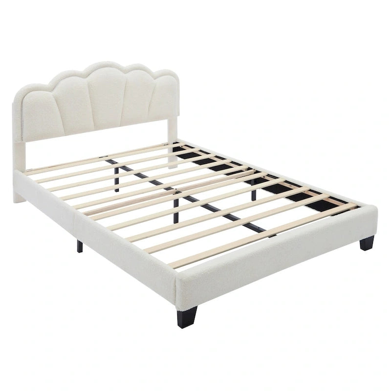 Ensemble de chambre 2 pièces pour lit double/simple : lit plateforme rembourré en forme de fleur avec éclairage LED et pouf de rangement en tissu sherpa